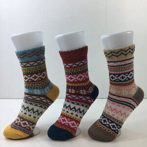 Womens Crew Socks Set 3 Fair Isle Nordic Pattern Blue Red Brown Yellow White